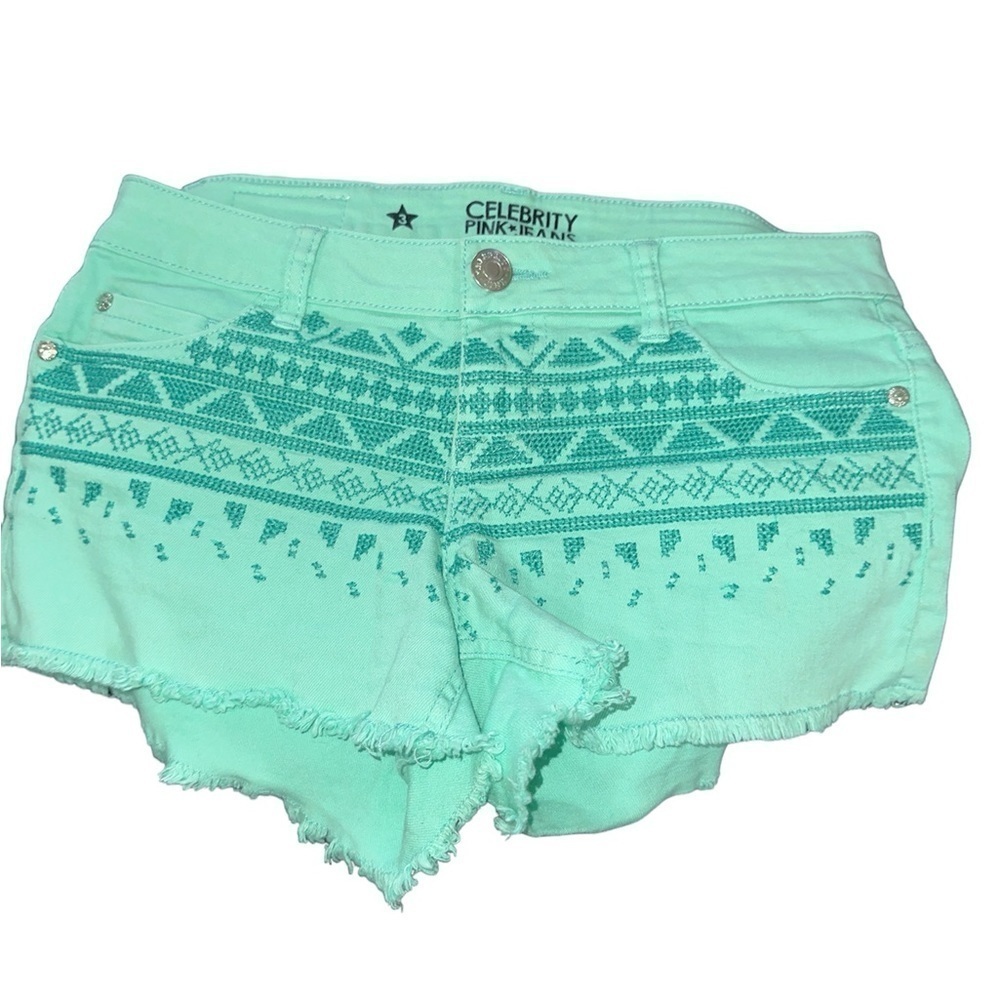 Celebrity Pink Aztec embroidery raw hem shorts
